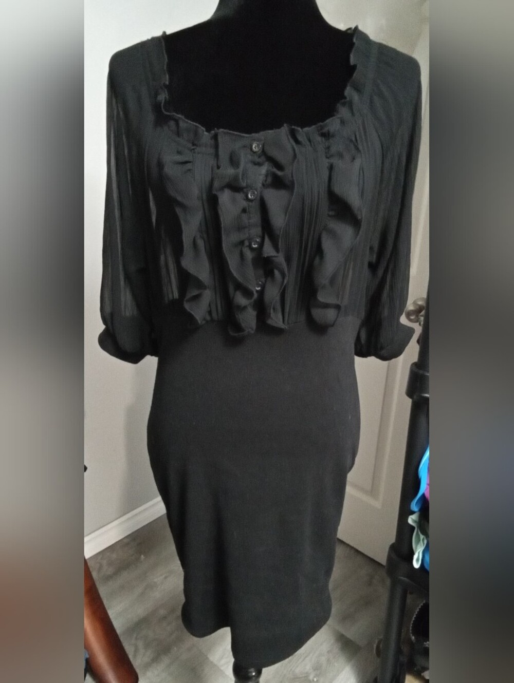 Dereon Large Black Dress With A Sheer Ruffled Top